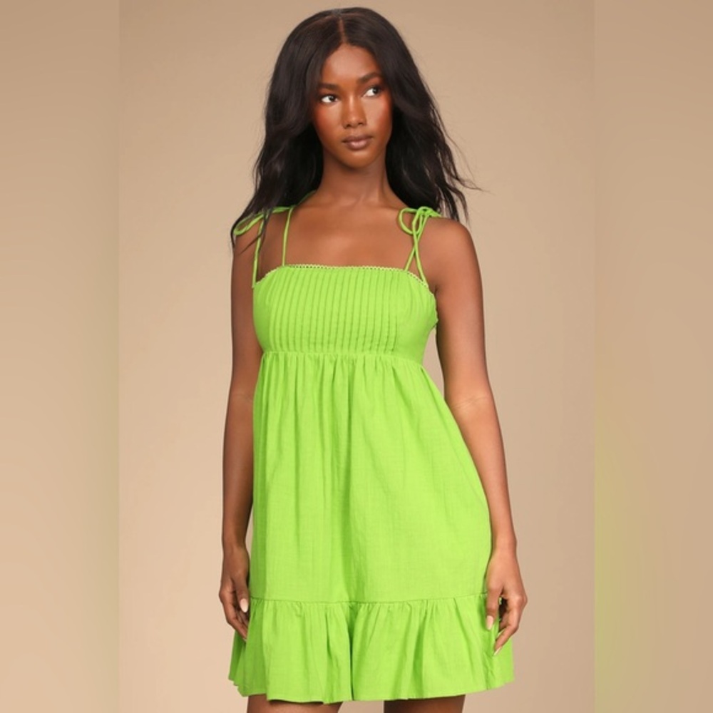 Lulus Dreamgirl Pleated Tie-Shoulder Babydoll Mini Dress Lime Green Size S